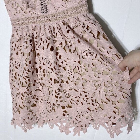 SOLD-New Look Premium Nude Blush Lace Overlay Sleeveless Mini Dress 6 - Picture 10 of 14
